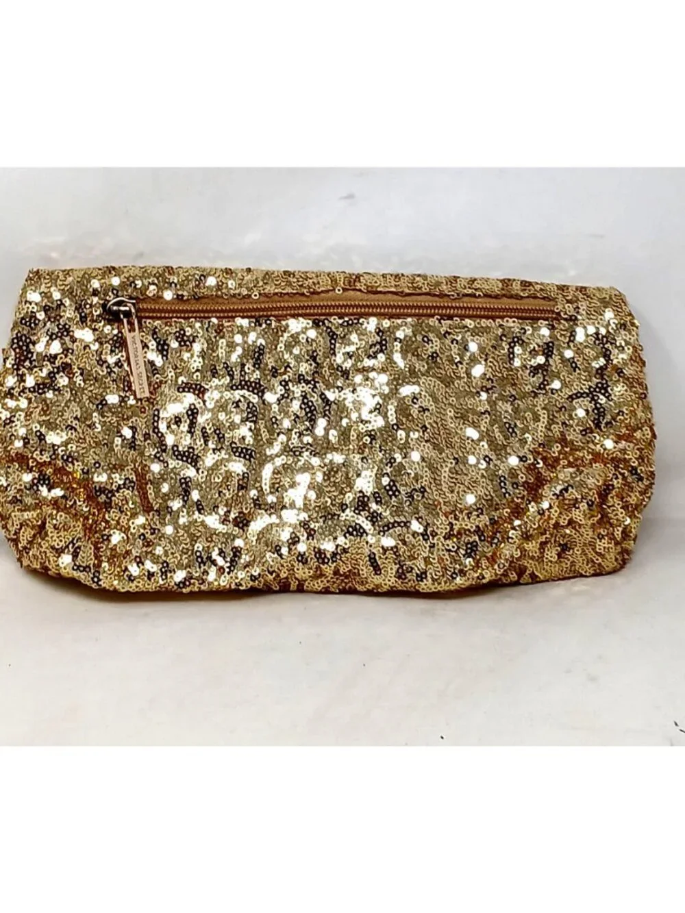 Victorias Secret Gold Sequin Clutch Fold-Over Closure & Zippered Pocket #D-25 - Picture 3 of 11